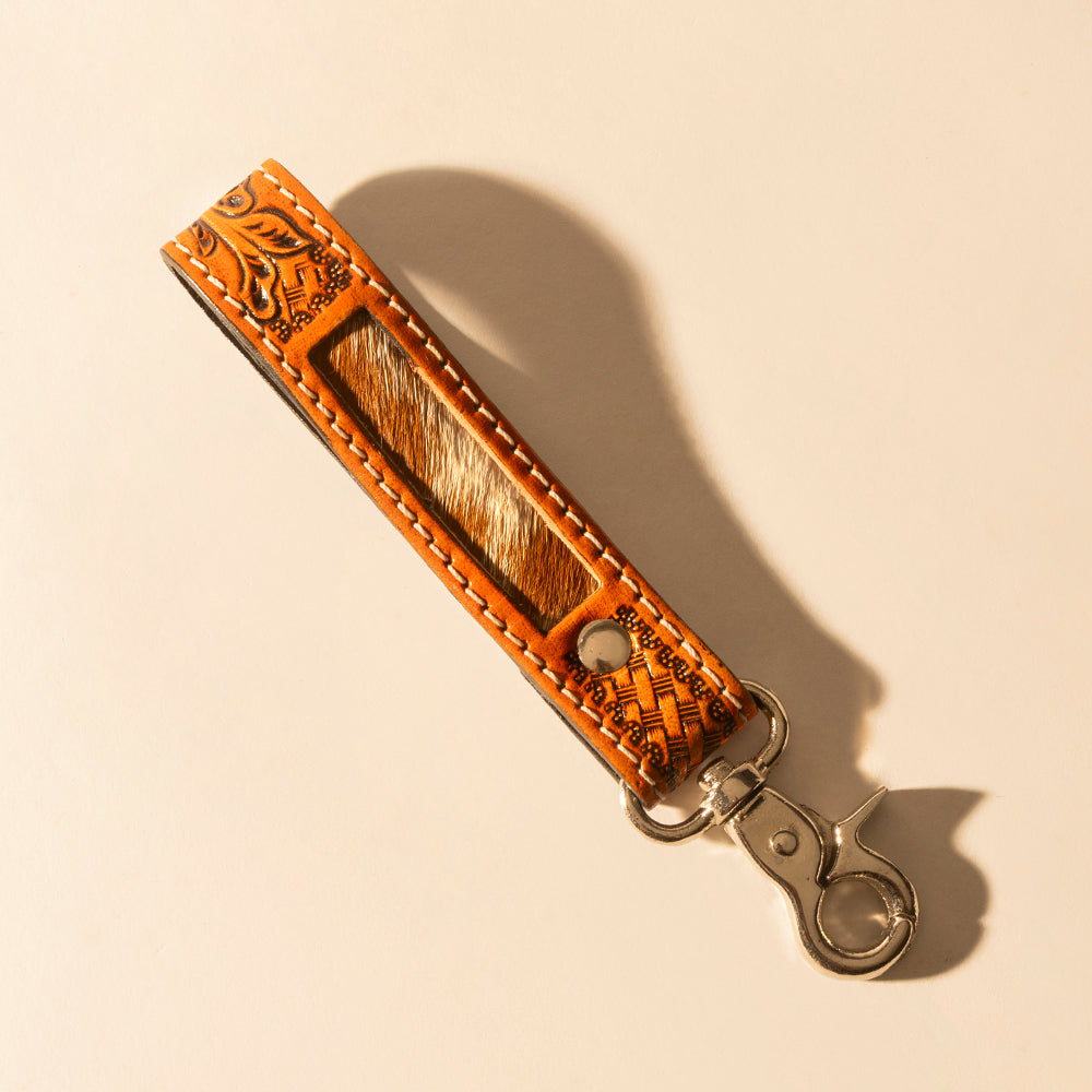 Hide Inlay Western Key Fob in brown with basketweave detail - Myra USA