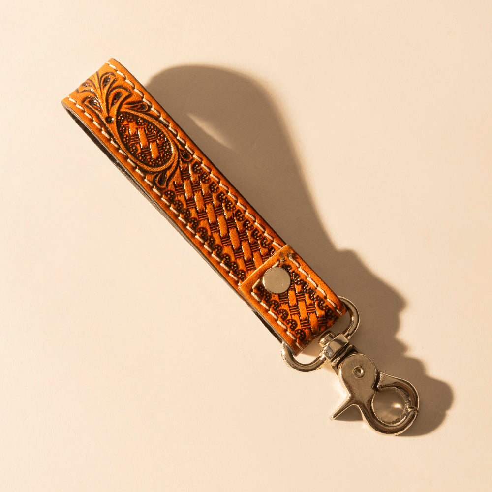 Hide Inlay Western Key Fob in brown with basketweave detail - Myra USA