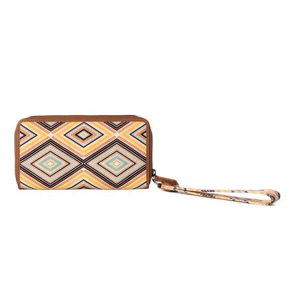 Kilim Trail Western Wallet for Women in mustard with leather detail and RFID protection - Myra USA