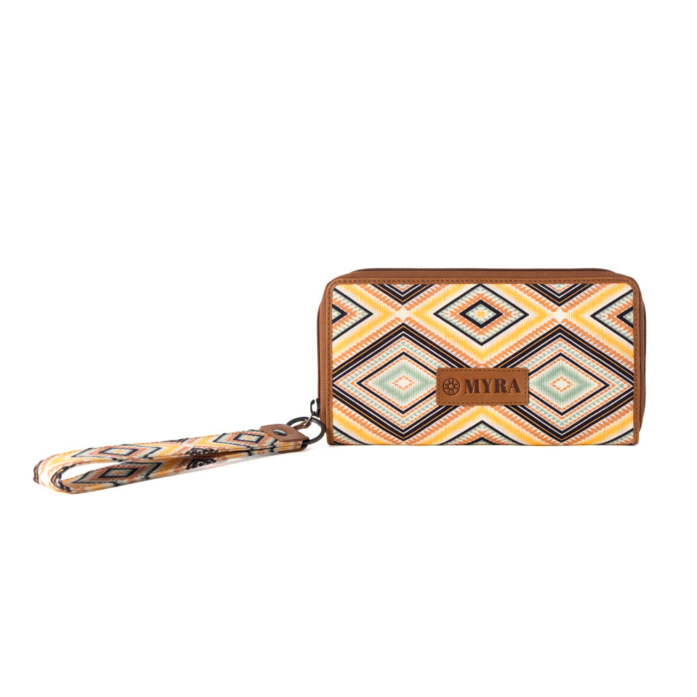 Kilim Trail Western Wallet for Women in mustard with leather detail and RFID protection - Myra USA