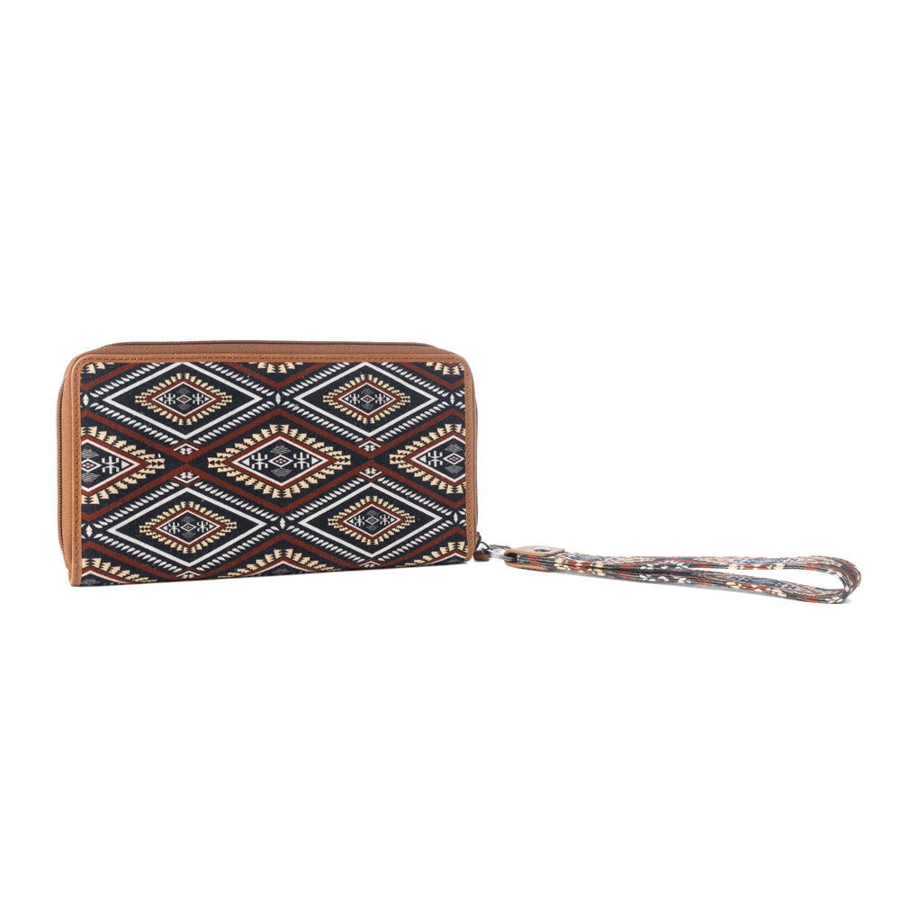 Kilim Trail Western Wallet for Women in Mocha with leather detail and RFID protection - Myra USA