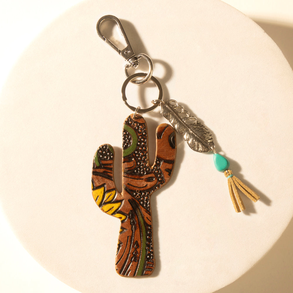 Myra Desert Dune Handtooled Leather Key Fob in Olive Tan - Myra USA