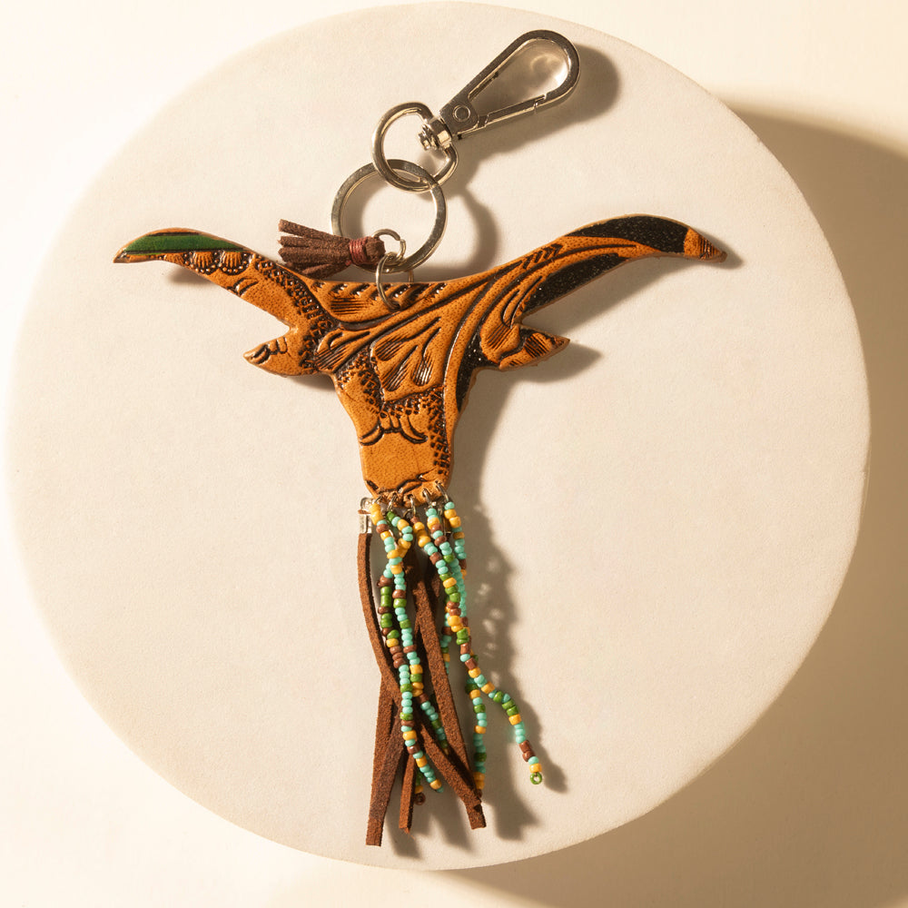 Myra Arroyo Bull Handtooled Leather Key Fob in Honey Aqua - Myra USA