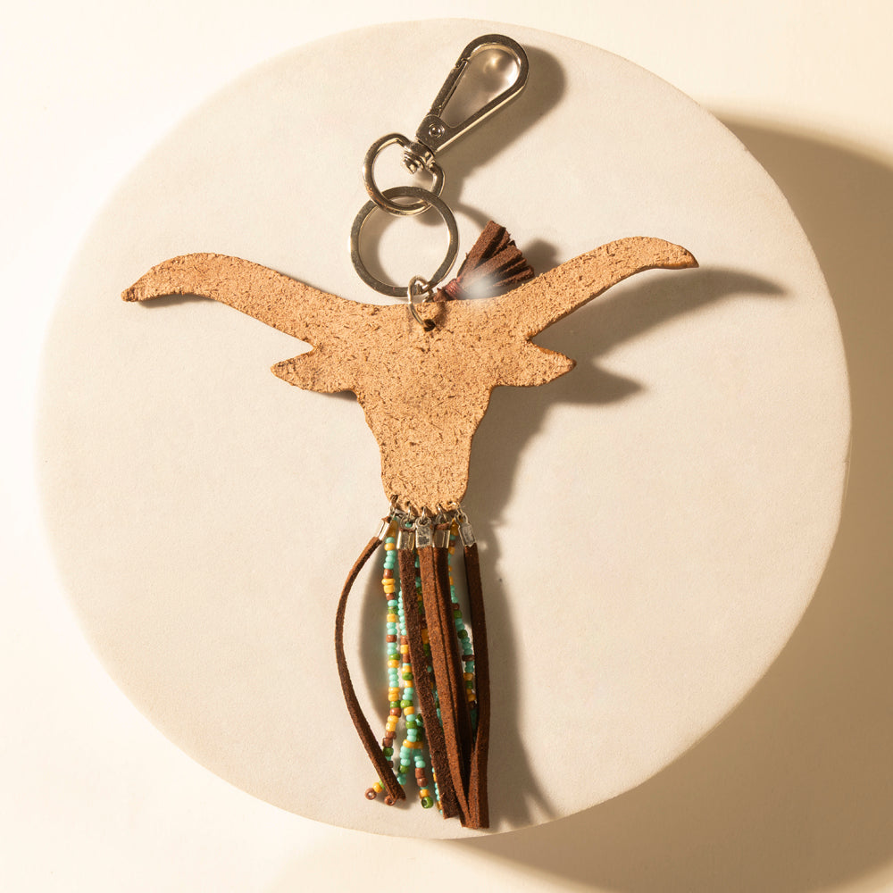 Myra Arroyo Bull Handtooled Leather Key Fob in Honey Aqua - Myra USA