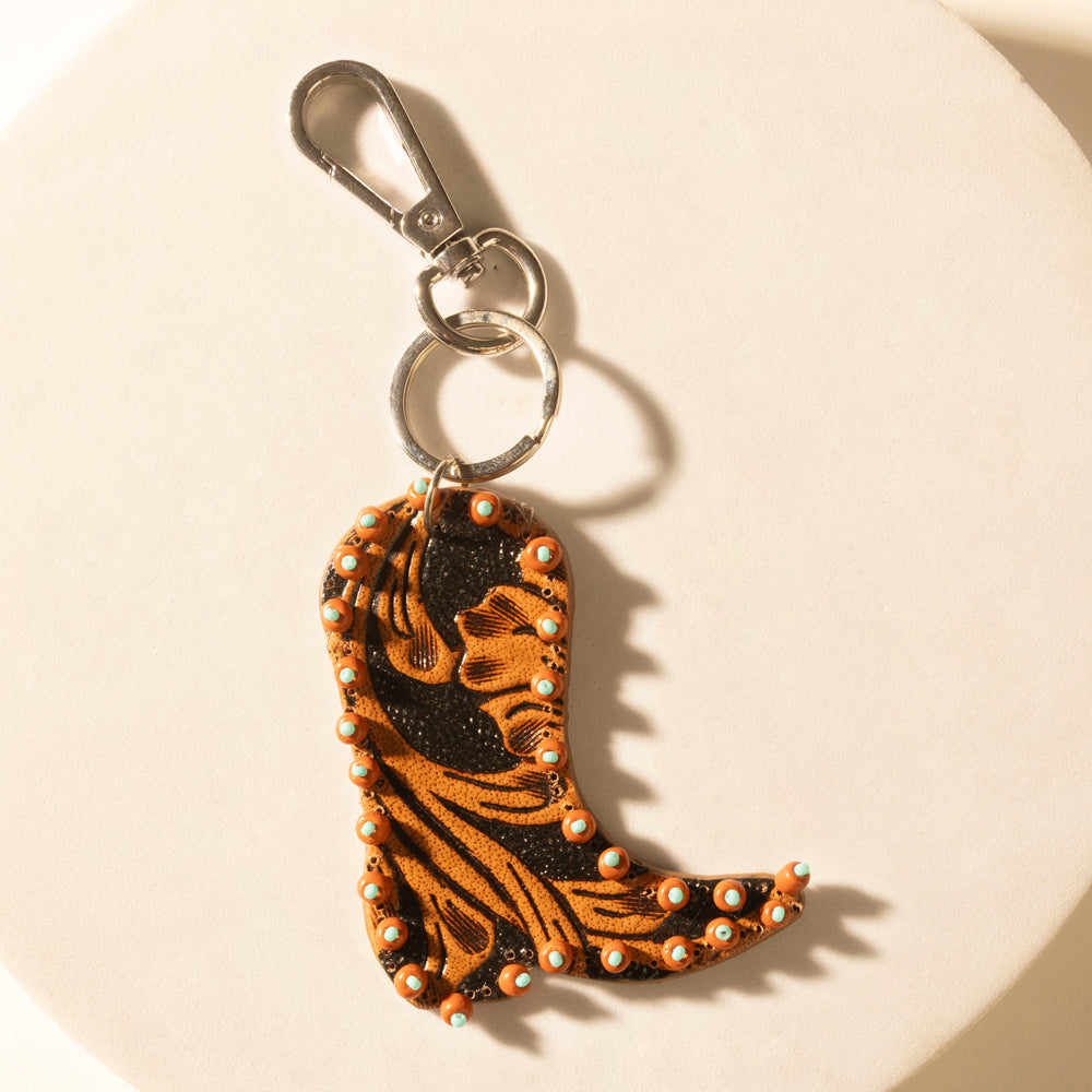 Myra Copper Bay Boot Handtooled Leather Key Fob in Rust Orange - Myra USA