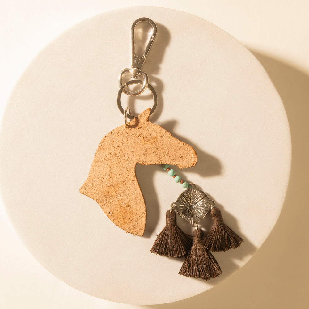 Myra Summer Cove Horse Handtooled Leather Key Fob in Caramel Tan - Myra USA