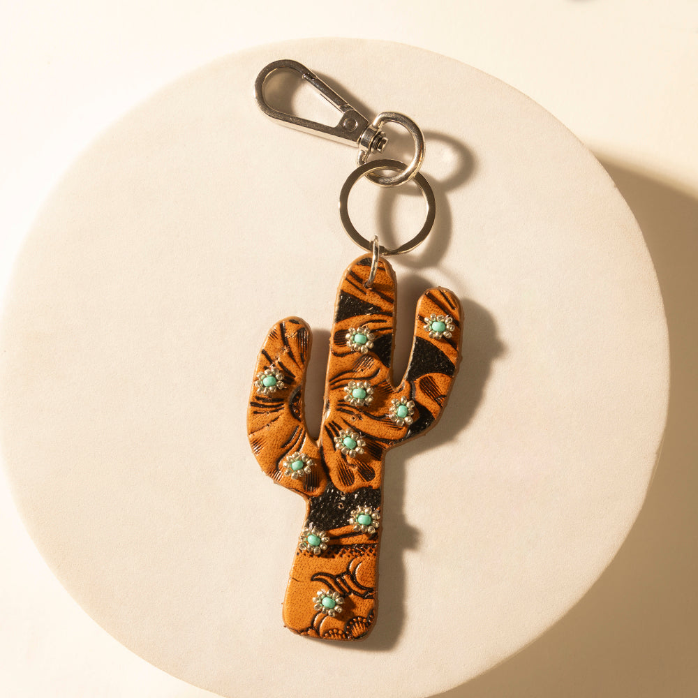 Myra Cactus Prairie Handtooled Leather Key Fob in Canyon Teal - Myra USA
