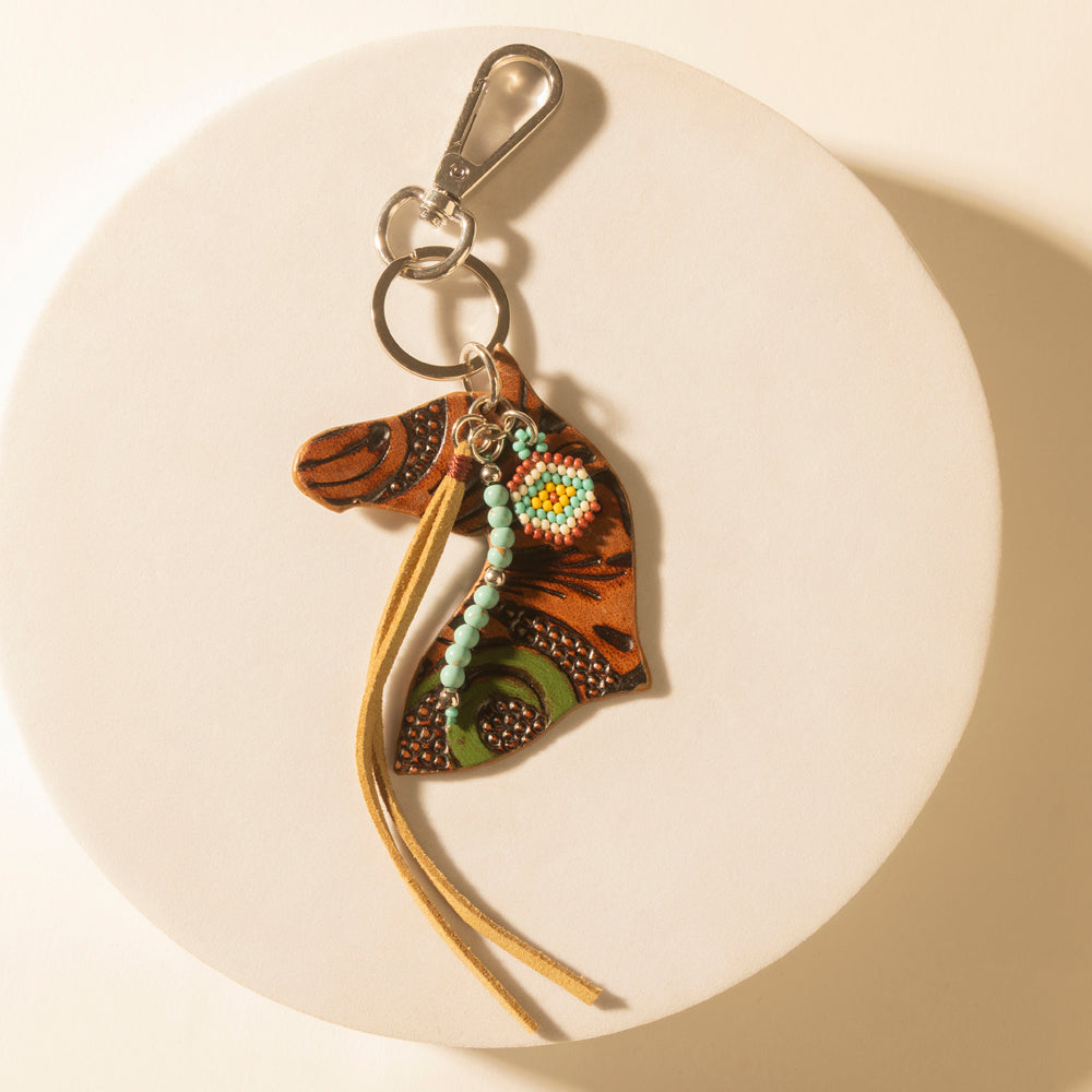 Myra Western Star Horse Handtooled Leather Key Fob in Amber Turquoise - Myra USA
