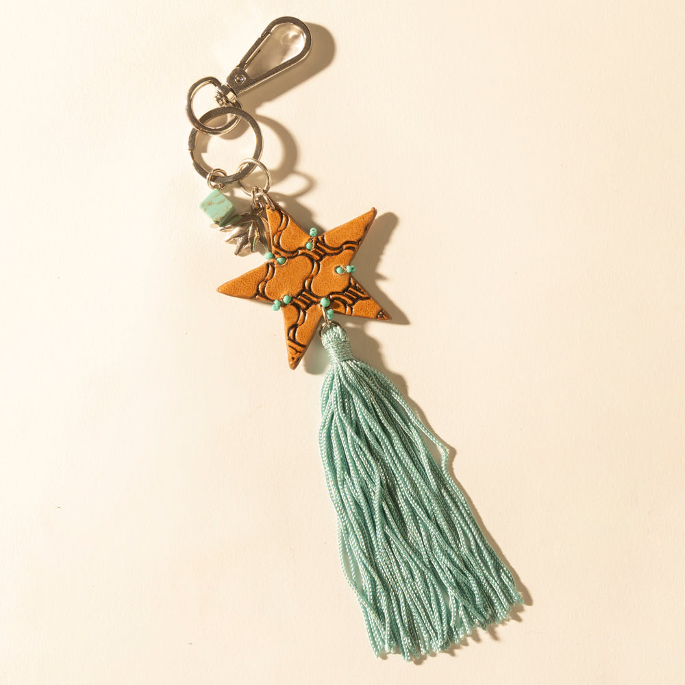 Myra Western Sky Beaded Fringe Handtooled Leather Key Fob in Ocean Blue - Myra USA