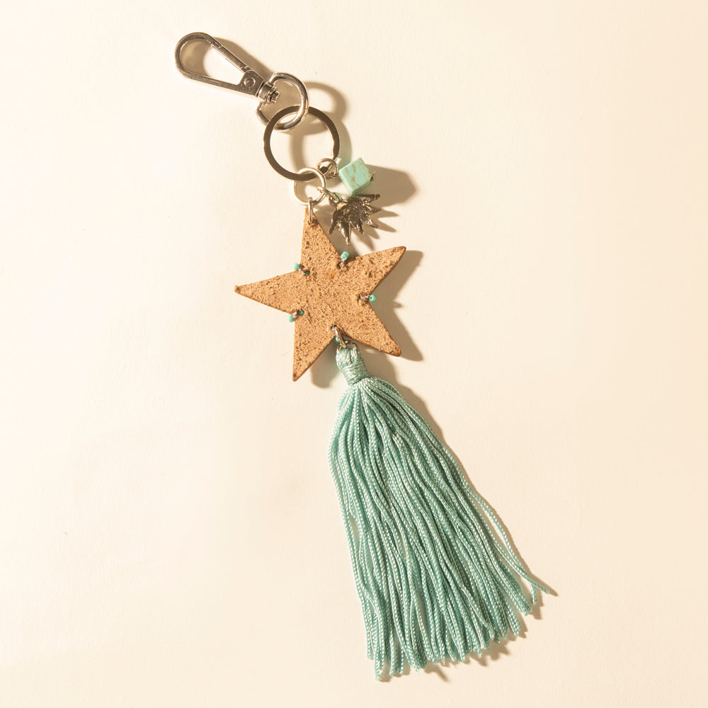 Myra Western Sky Beaded Fringe Handtooled Leather Key Fob in Ocean Blue - Myra USA
