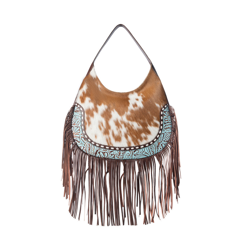 Lasso Lane Hairon Leather Bag for Women in tan with fringe and embossed detail - Myra USA