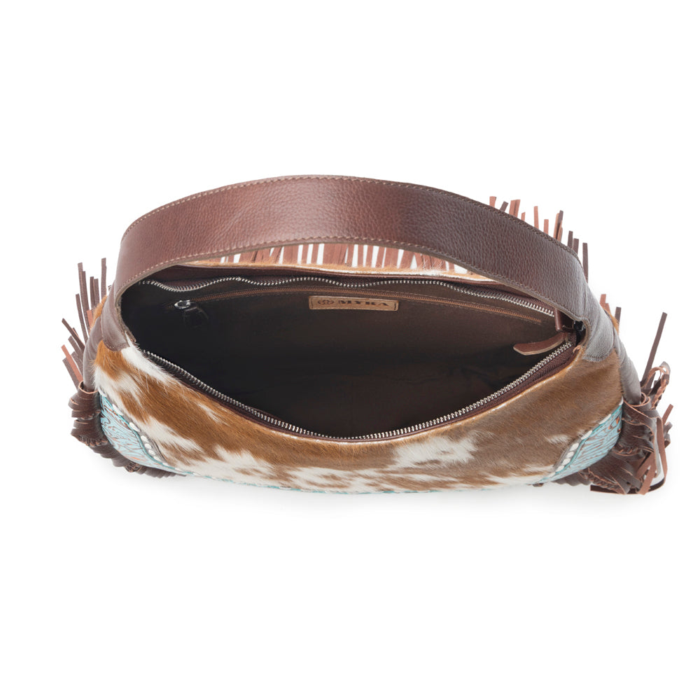 Lasso Lane Hairon Leather Bag for Women in tan with fringe and embossed detail - Myra USA