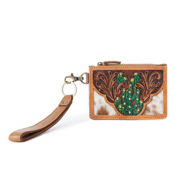 Hand Hewn Western Card Holder for Women in Light Brown with handtooled Cactus detail - Myra USA