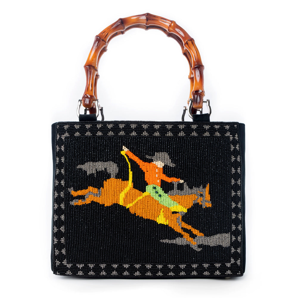 Eight Seconds Western hand beaded bag in black with bamboo handle and horse embroidery - Myra USA