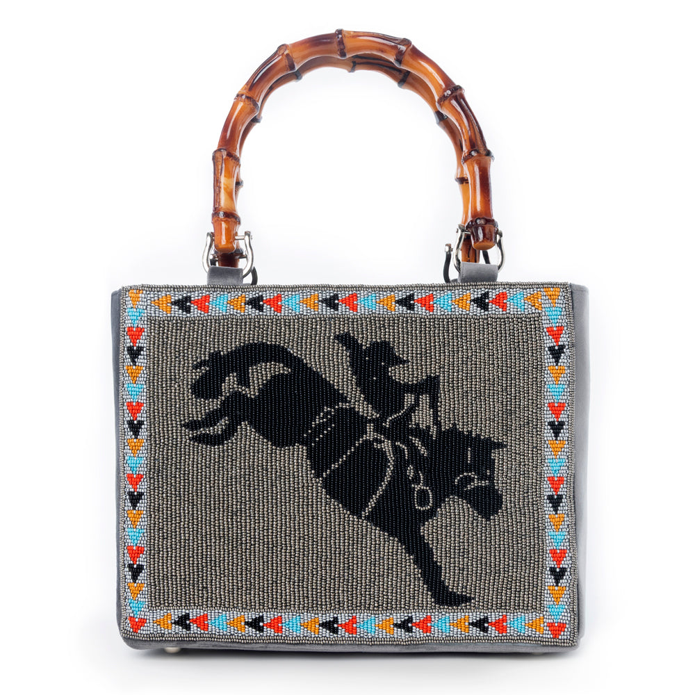 Free Rein Western hand beaded Bag in grey with bamboo handle and horse embroidery - Myra USA