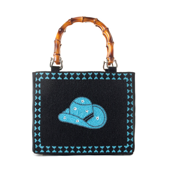 Hat Tipper Western hand beaded Bag in blue with bamboo handle and hat embroidery - Myra USA