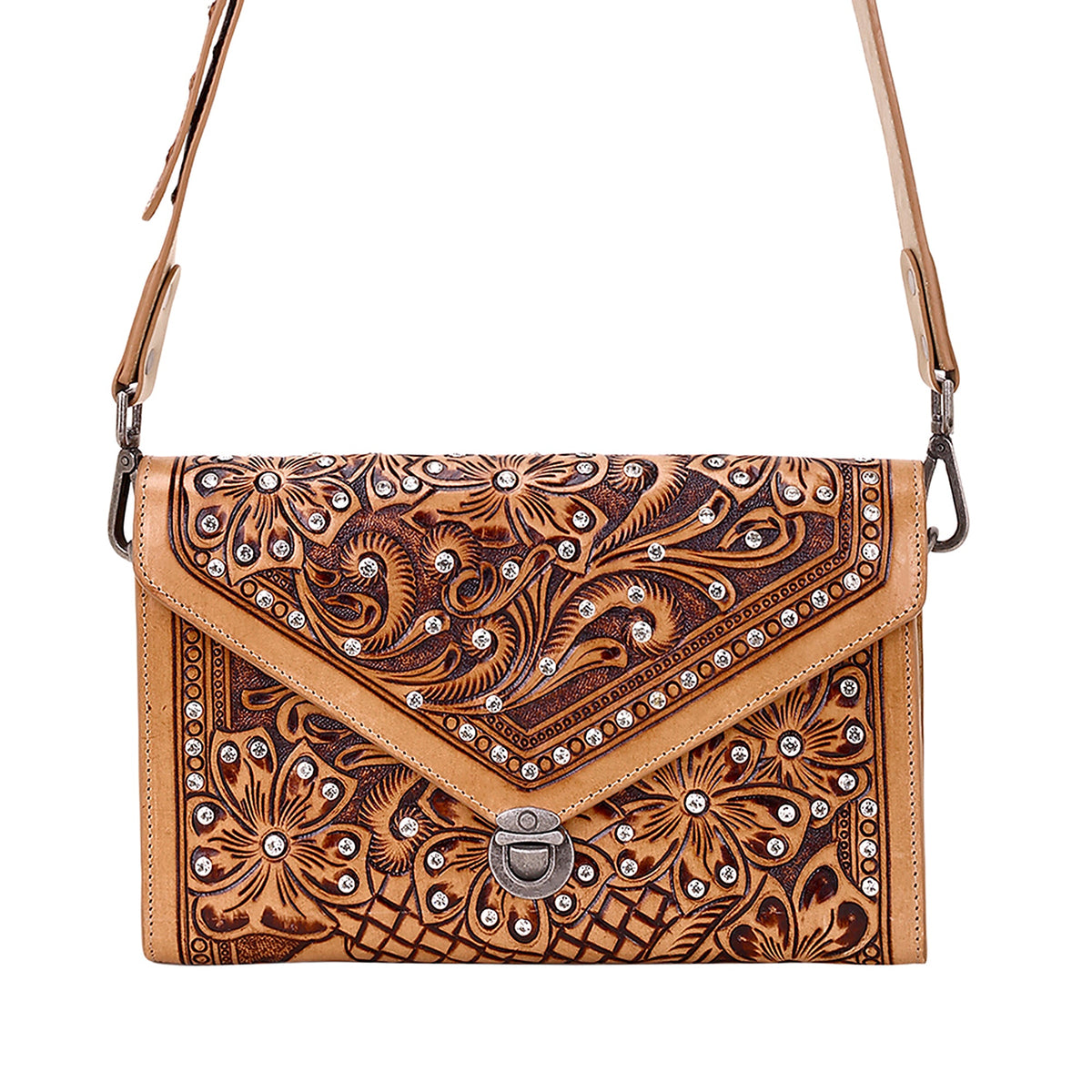 Myra Circe Hand Tooled Bag for Women in tan with rhinestones - Myra USA