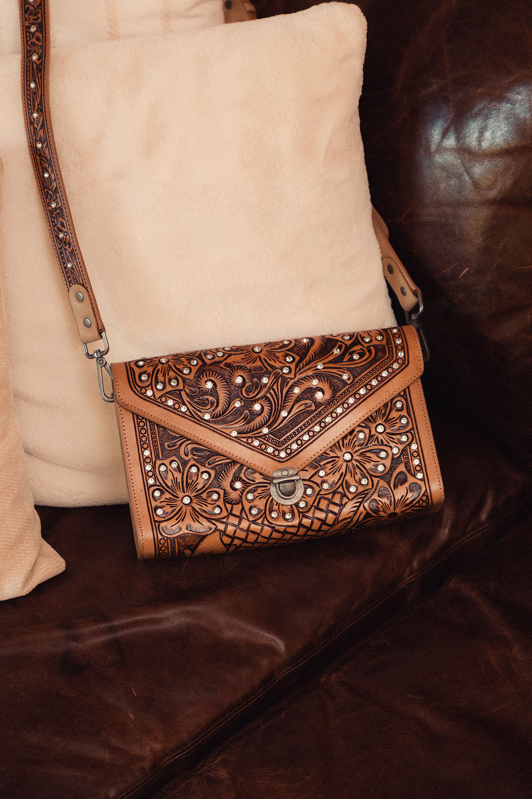 Myra Circe Hand Tooled Bag for Women in tan with rhinestones - Myra USA