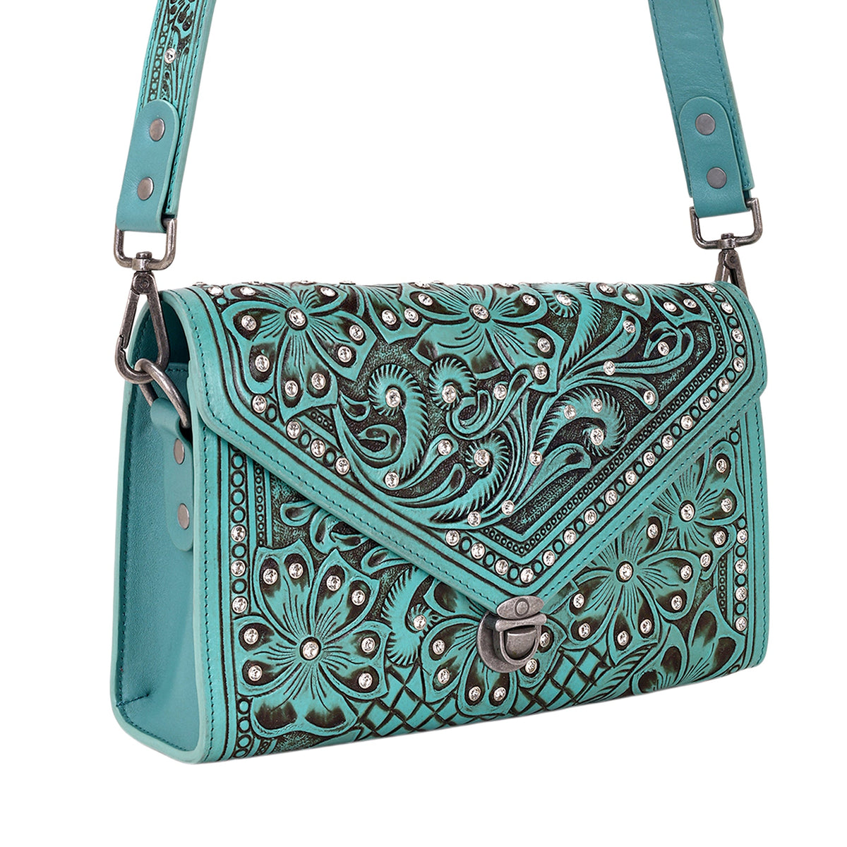 Myra Circe Hand Tooled Bag for Women in turquoise with rhinestones - Myra USA