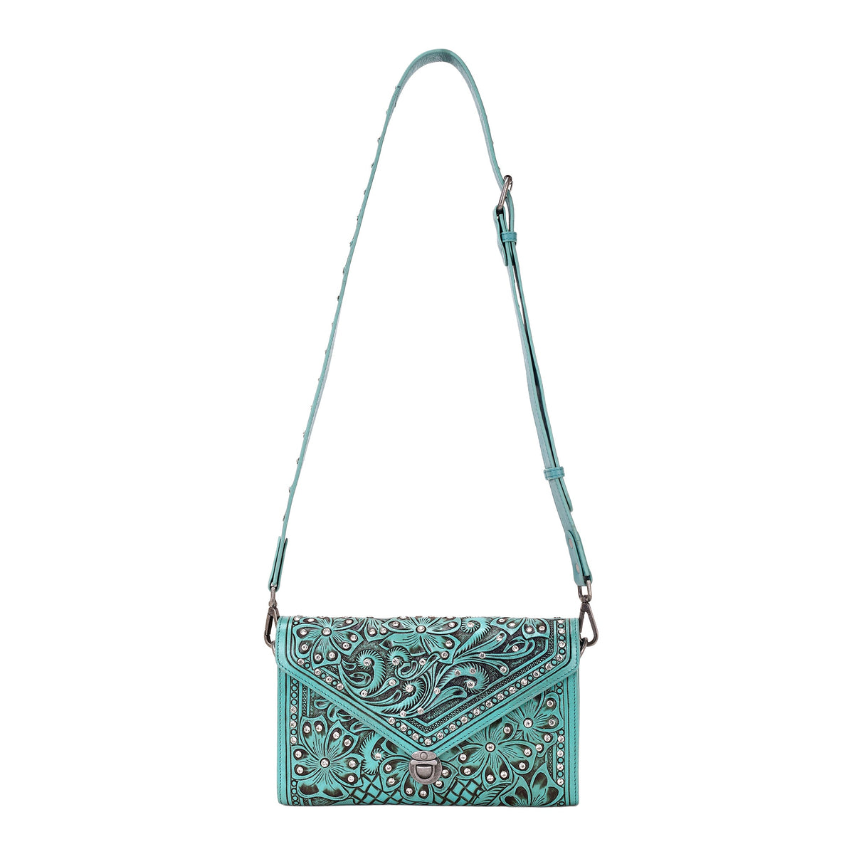 Myra Circe Hand Tooled Bag for Women in turquoise with rhinestones - Myra USA