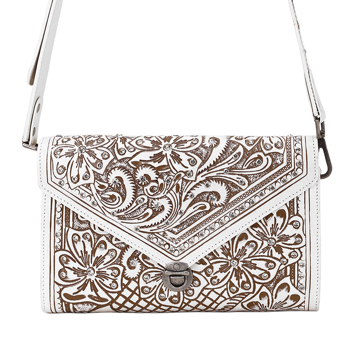 Myra Circe Hand Tooled Bag for Women in white with rhinestones - Myra USA