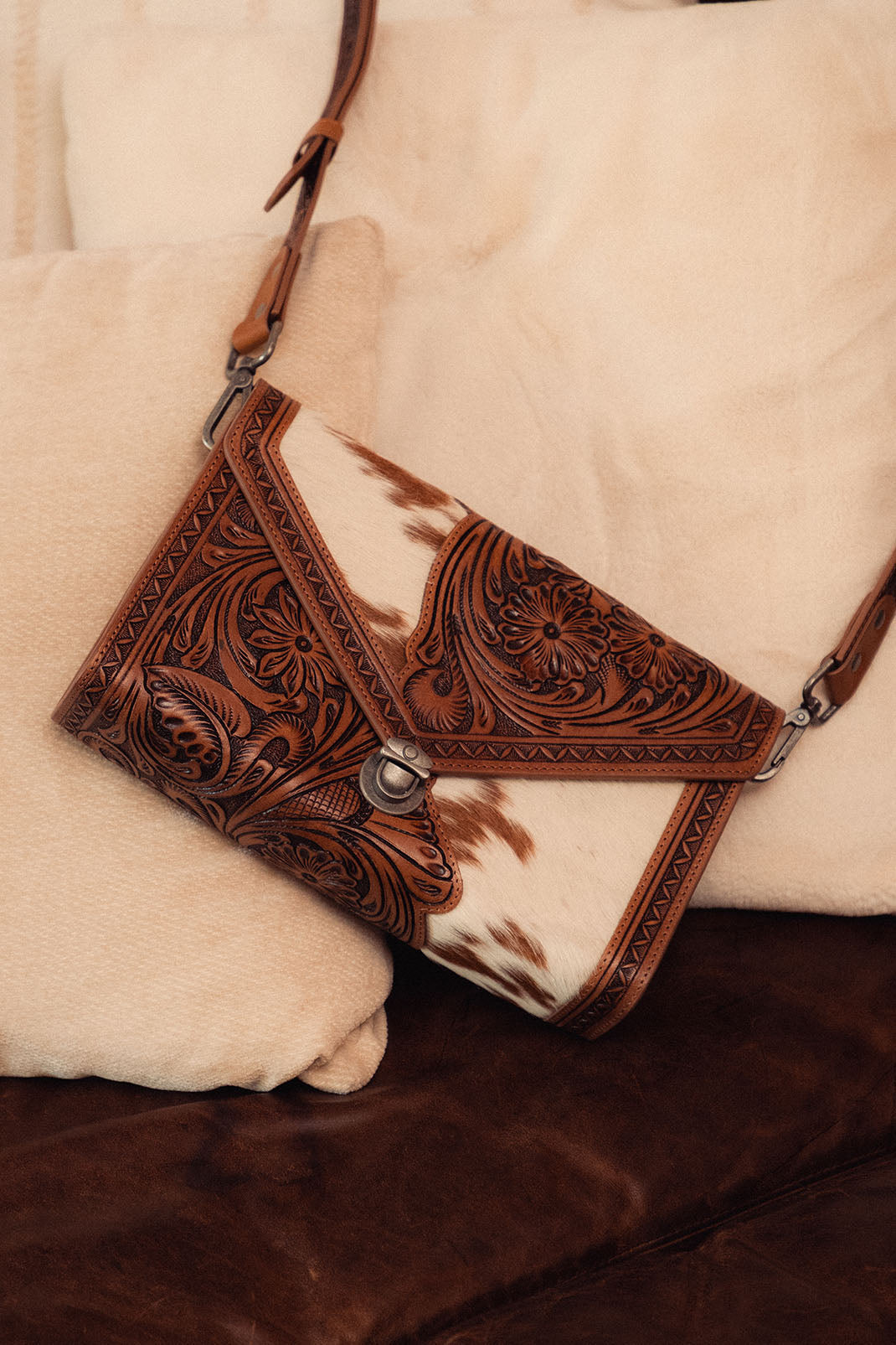 Myra Circe Hand Tooled Bag for Women in tan with hairon - Myra USA