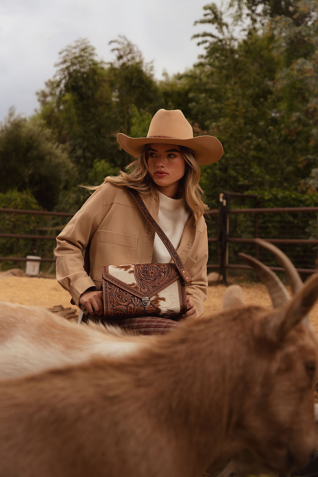 Myra Circe Hand Tooled Bag for Women in tan with hairon - Myra USA
