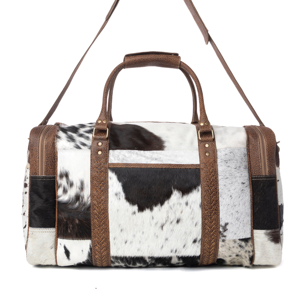 Myra Rustic Vista Handtooled Hairon Ruffle Traveller Bag in Cocoa Frost - Myra USA