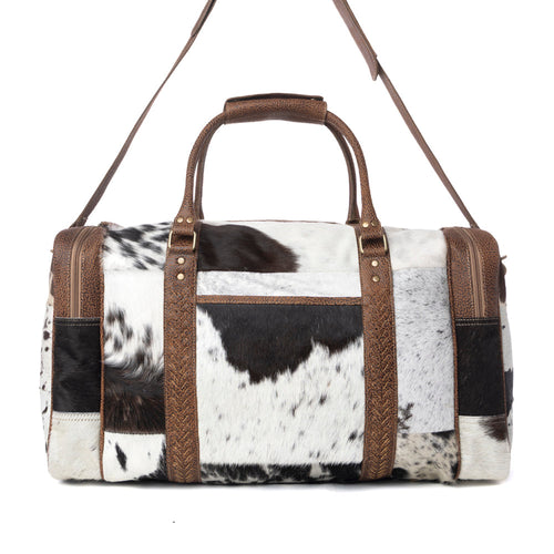 Myra Rustic Vista Handtooled Hairon Ruffle Traveller Bag in Cocoa Frost - Myra USA