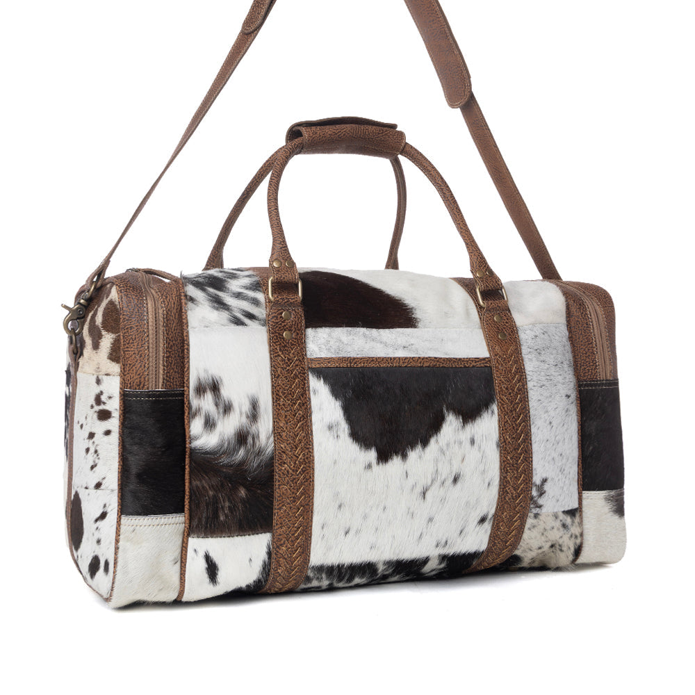 Myra Rustic Vista Handtooled Hairon Ruffle Traveller Bag in Cocoa Frost - Myra USA