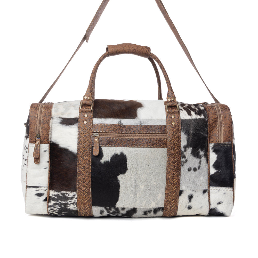 Myra Rustic Vista Handtooled Hairon Ruffle Traveller Bag in Cocoa Frost - Myra USA