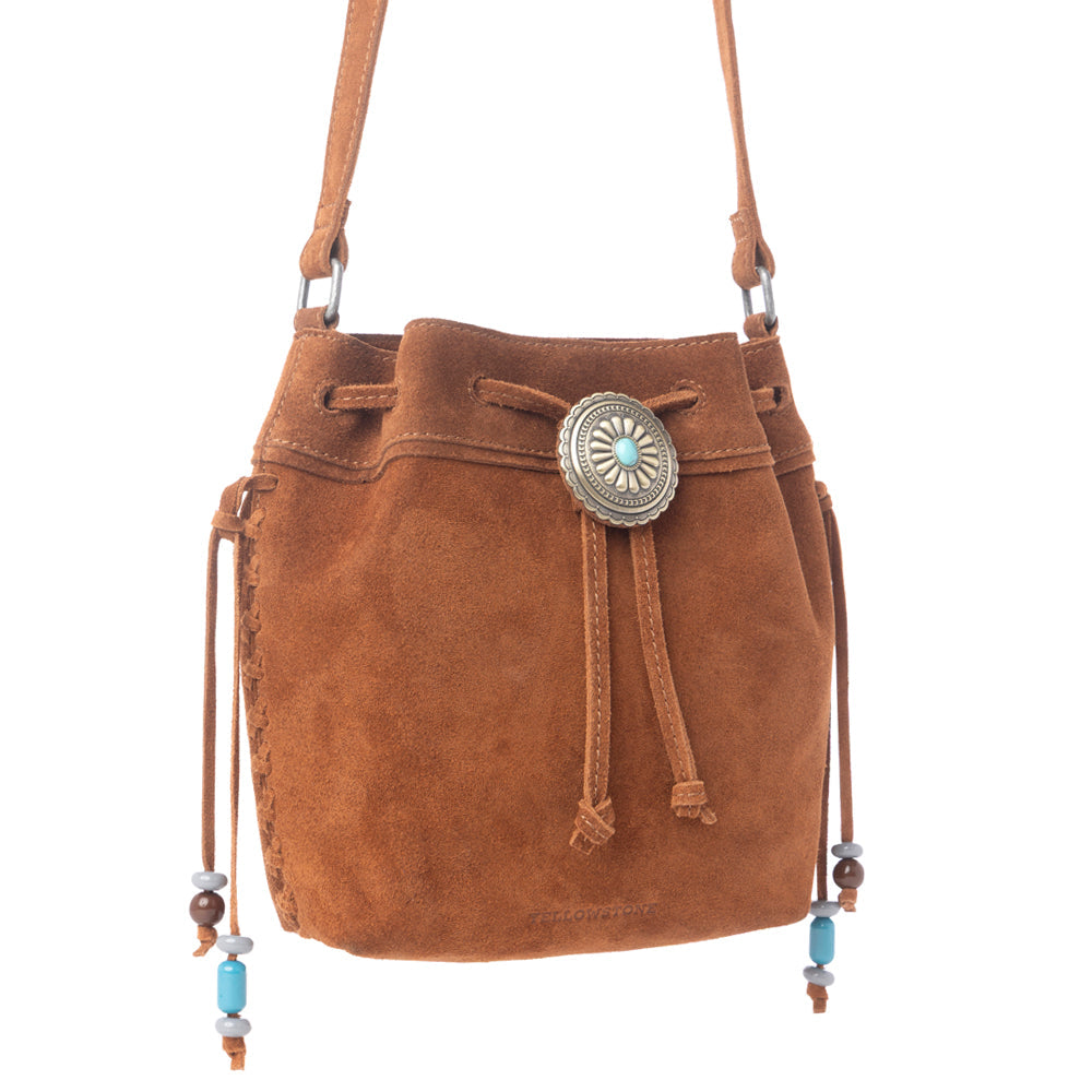 Myra Yellowstone Sundown Ember Suede Leather Bucket Bag in Maple Brown - Myra USA