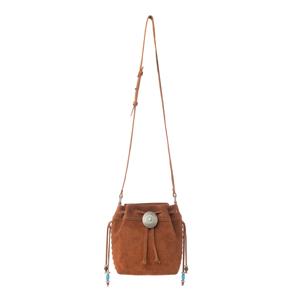 Myra Yellowstone Sundown Ember Suede Leather Bucket Bag in Maple Brown - Myra USA