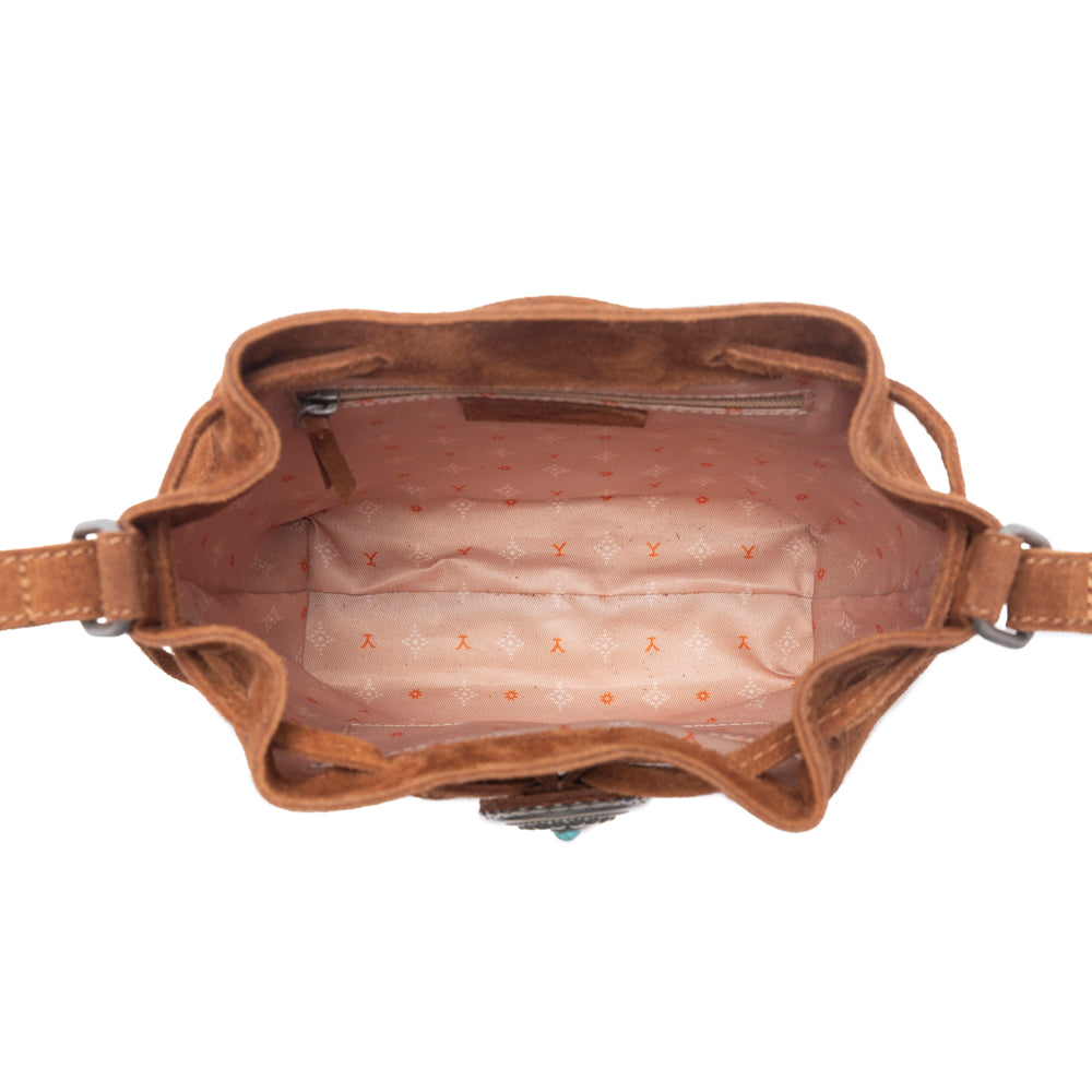 Myra Yellowstone Sundown Ember Suede Leather Bucket Bag in Maple Brown - Myra USA
