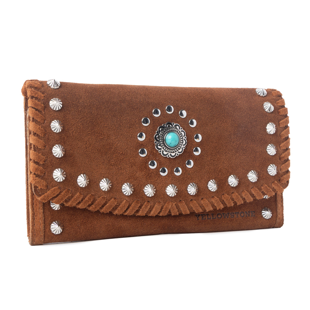 Myra Yellowstone Briar Meadow Studded Suede Leather Women’s Purse in Desert Tan - Myra USA