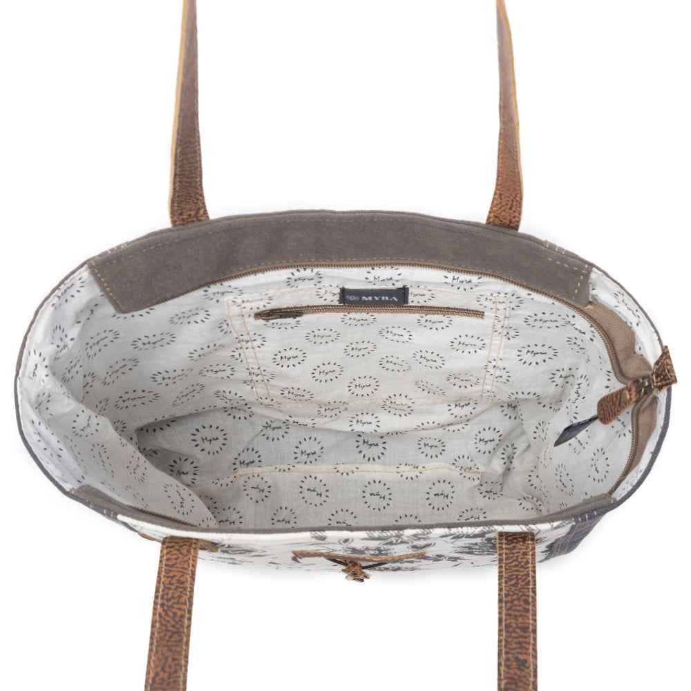 Myra Abstract Key Tote Bag for Women with upcycled canvas and leather accents in floral print with tasseled key detail