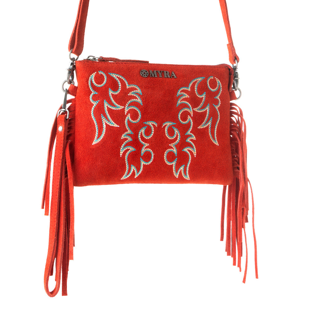 Boot Stitch Suede Bag for Women in red with embroidery and fringe detail - Myra USA