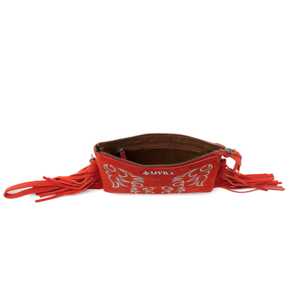Boot Stitch Suede Bag for Women in red with embroidery and fringe detail - Myra USA