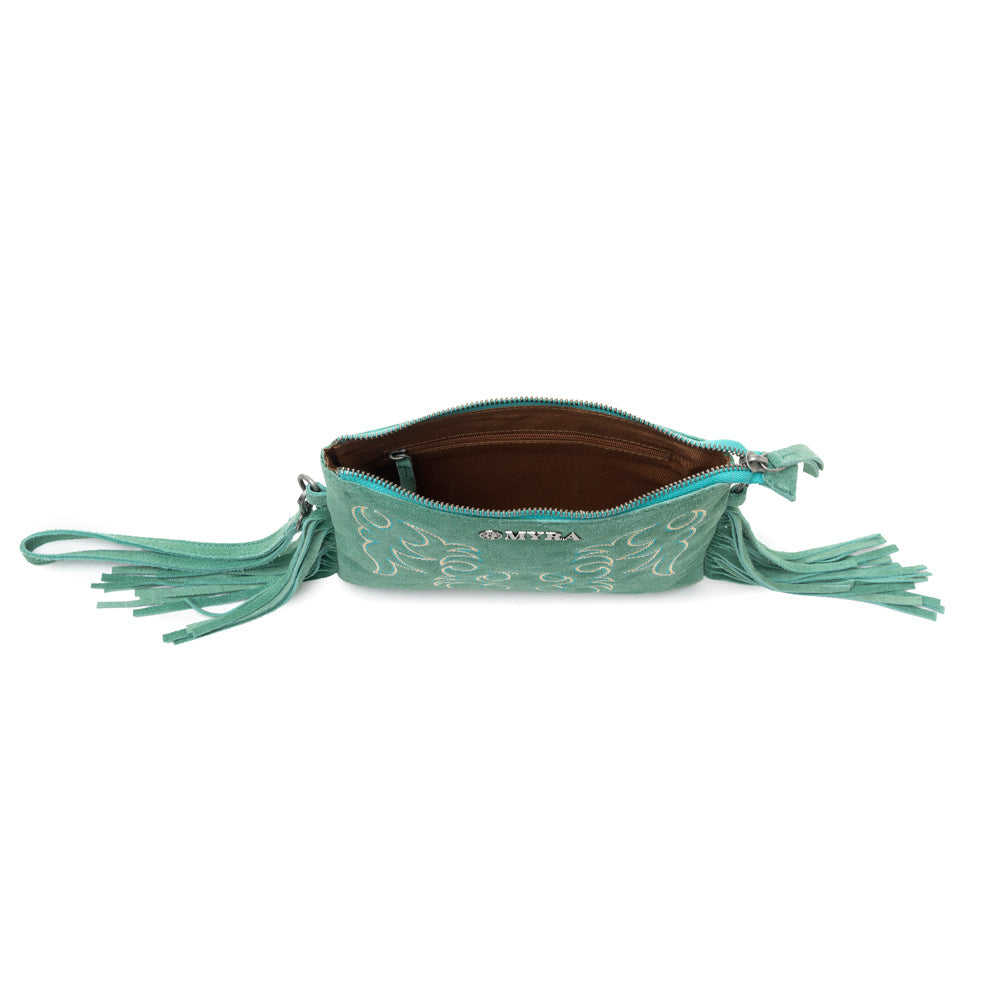 Boot Stitch Suede Bag for Women in green with embroidery and fringe detail - Myra USA