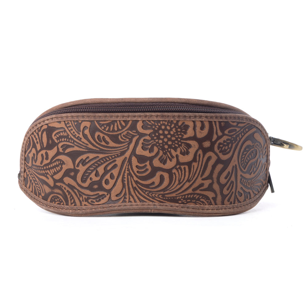 Myra Silver Creek Embossed Leather Sunglass Case in Saddle Brown - Myra USA