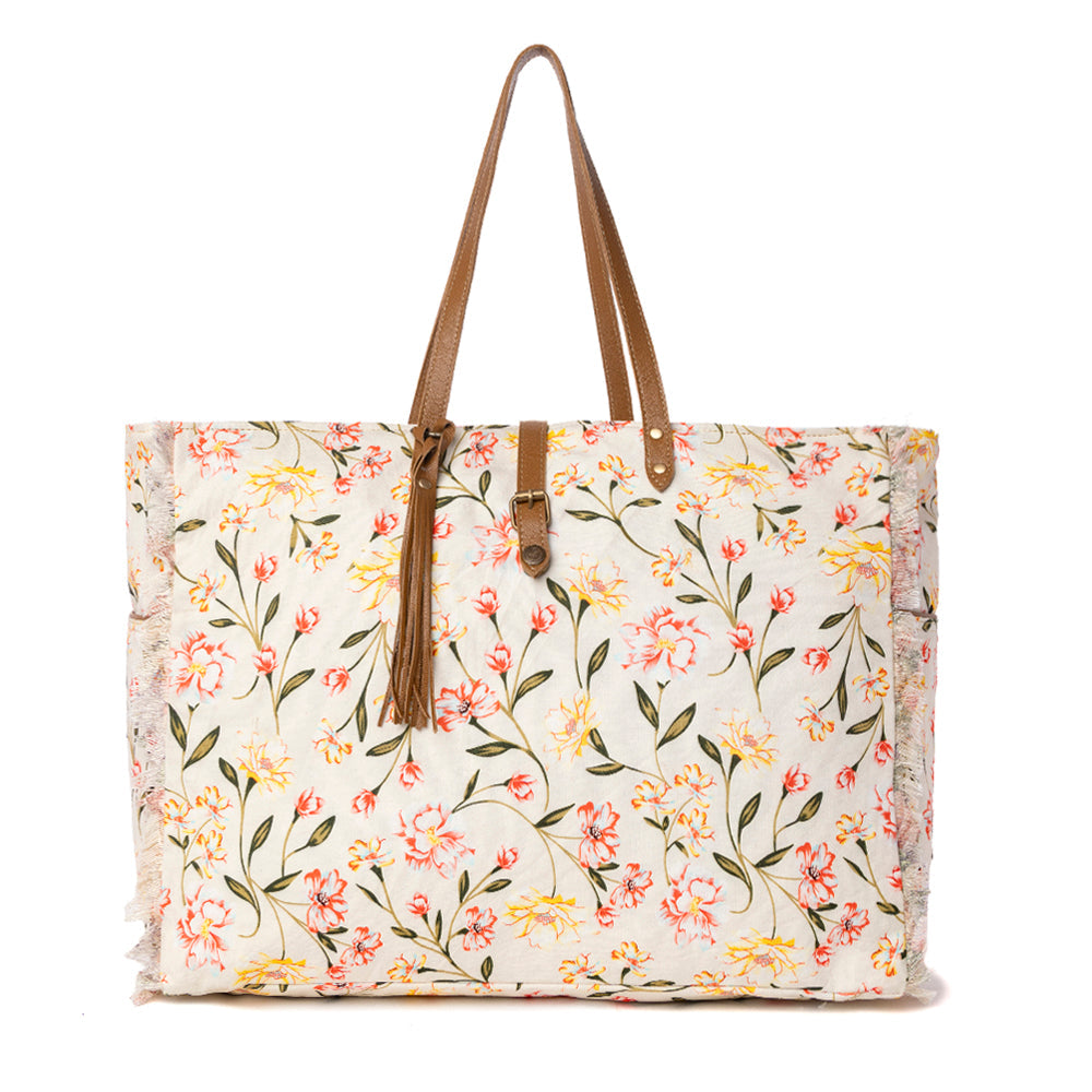 Myra Brookside Cotton & Leather Weekender Bag in Blush Cream - Myra USA