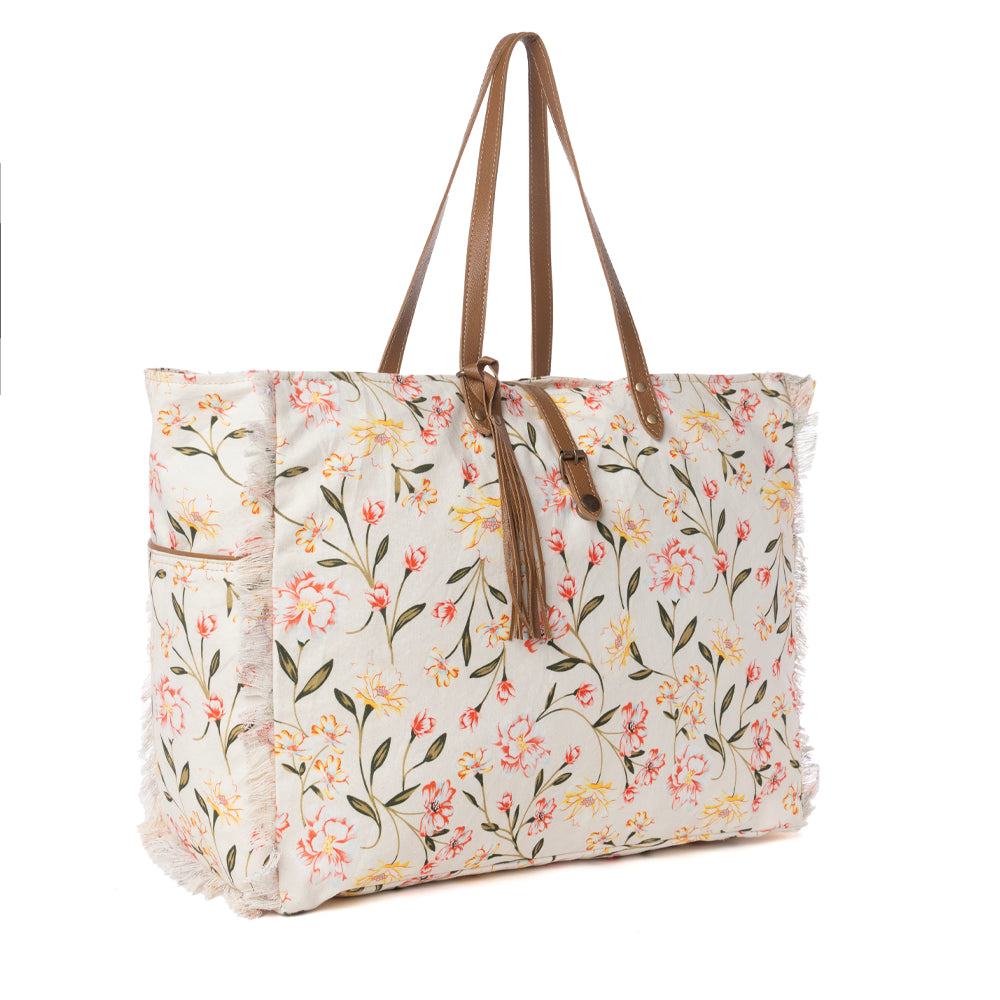 Myra Brookside Cotton & Leather Weekender Bag in Blush Cream - Myra USA