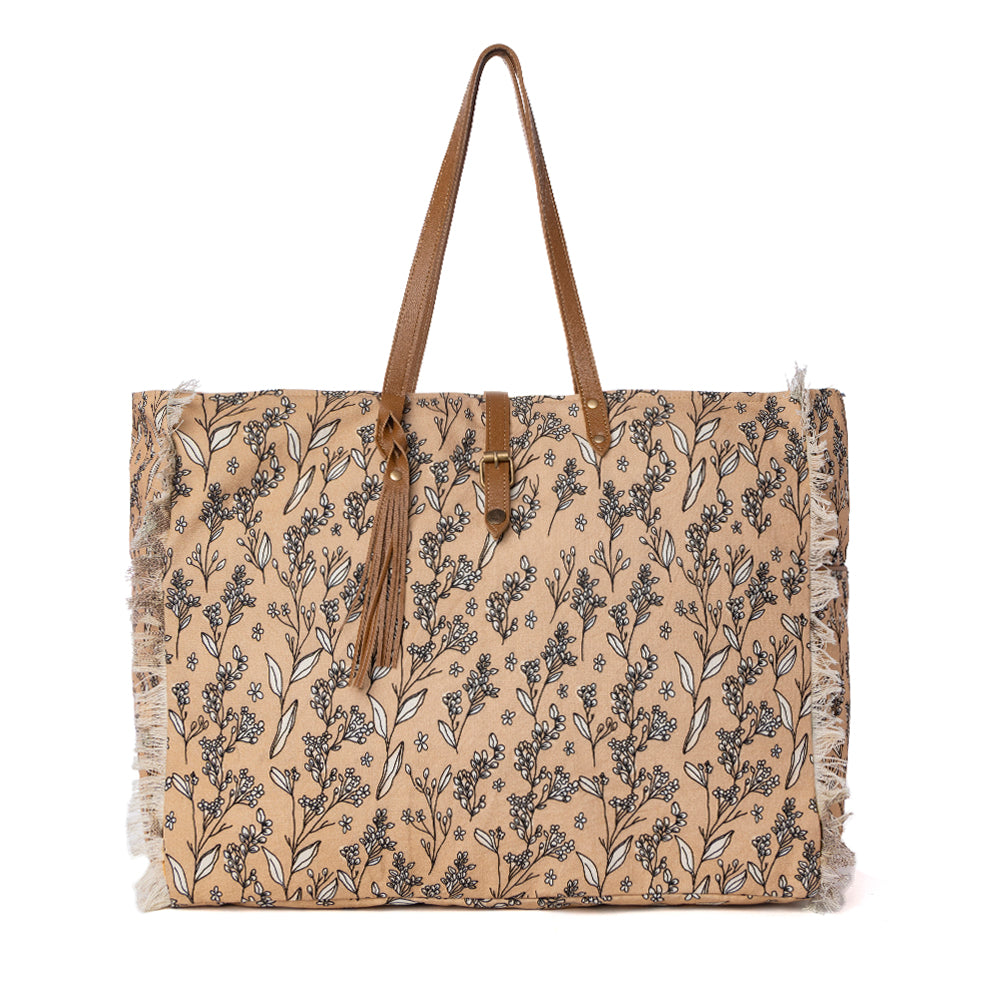 Myra Brookside Cotton & Leather Weekender Bag in Warm Tan - Myra USA