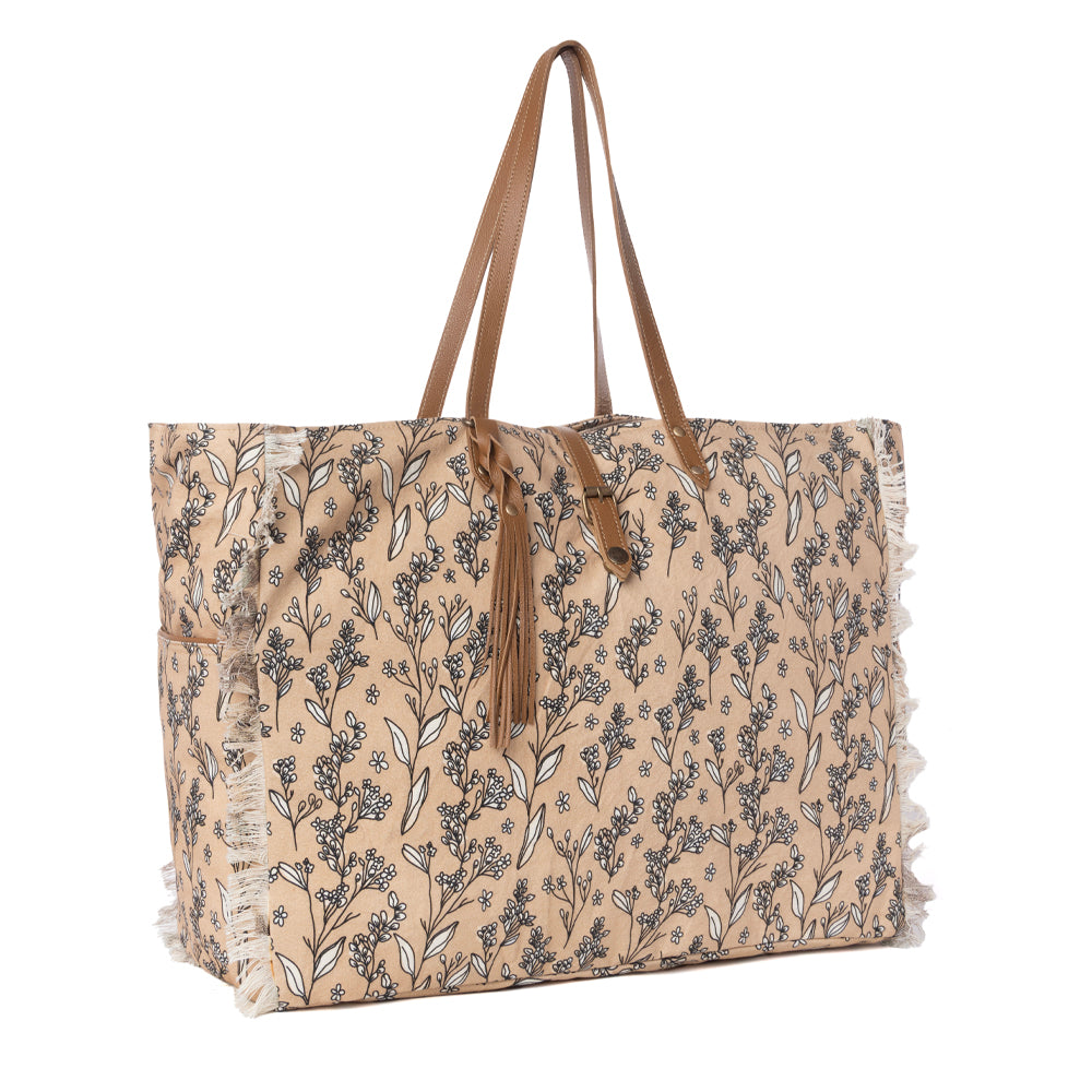 Myra Brookside Cotton & Leather Weekender Bag in Warm Tan - Myra USA