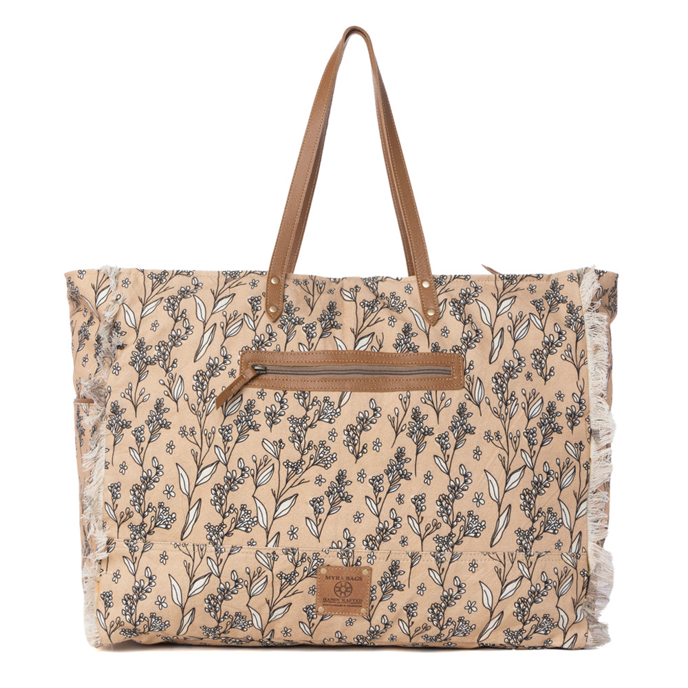 Myra Brookside Cotton & Leather Weekender Bag in Warm Tan - Myra USA