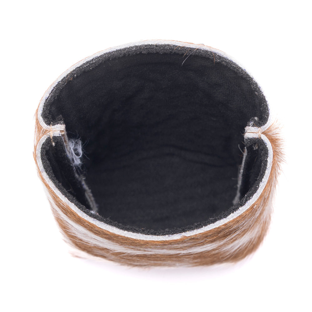 Myra Birch Valley Hairon Leather Beer Can Holder in Toffee Cream - Myra USA
