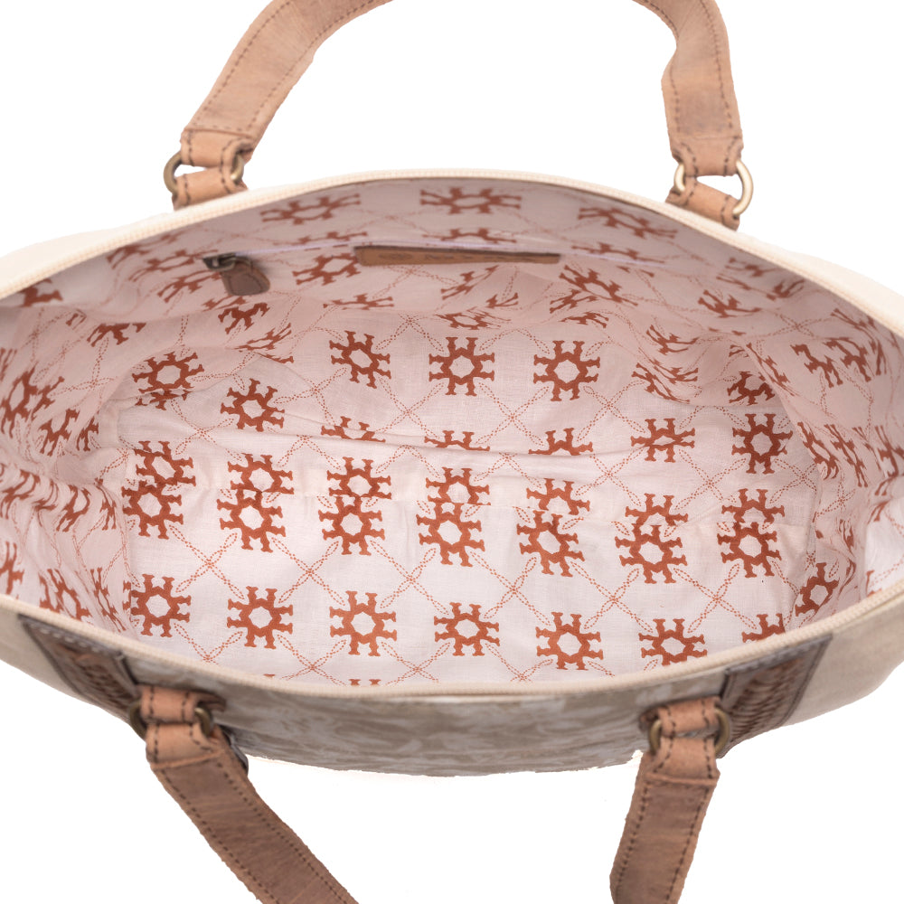 Myra Sunfield Haven Cotton & Leather Tote Bag in Timber Cream - Myra USA