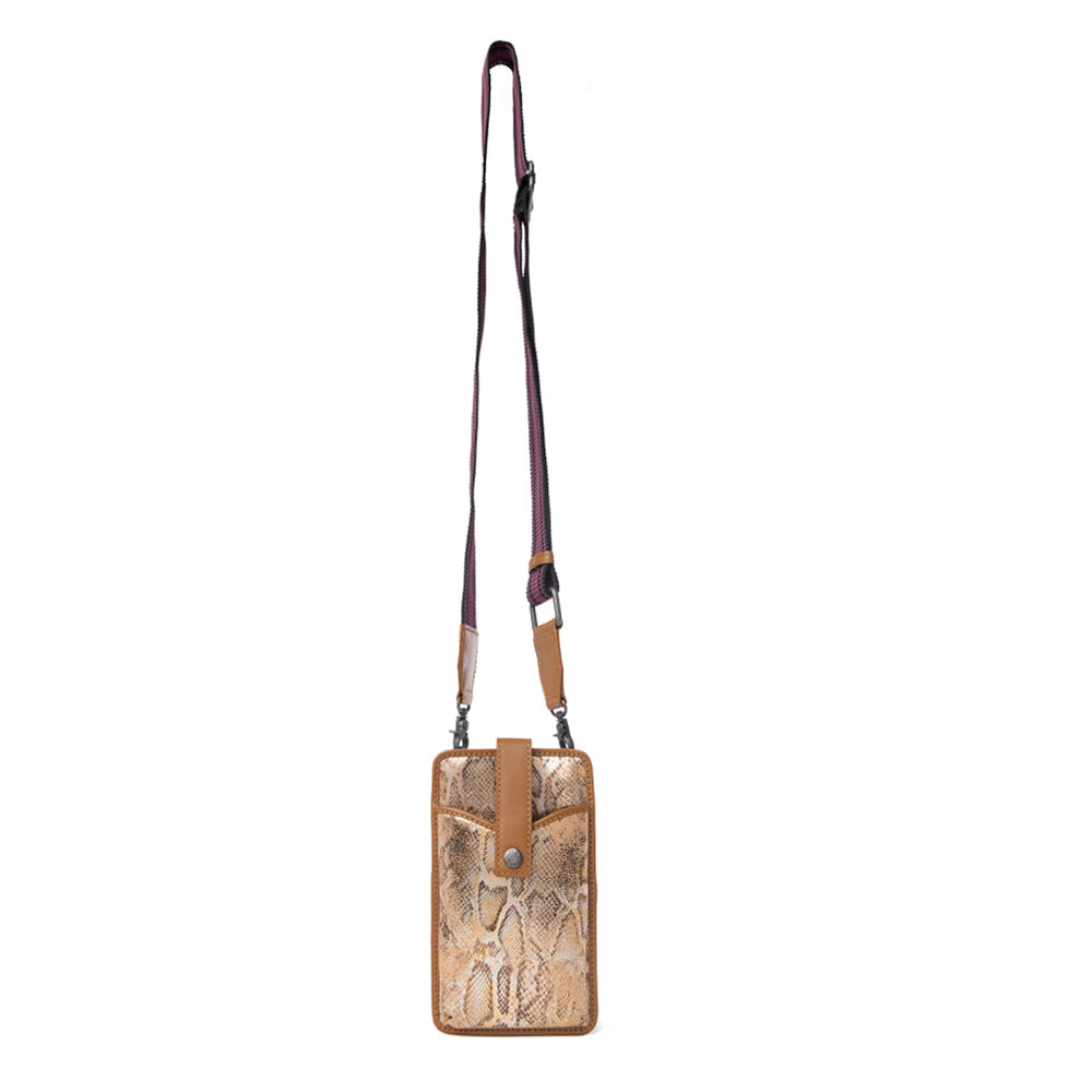 Myra Cedar Snake Print Leather Cell Phone Holder in Toffee Patch - Myra USA