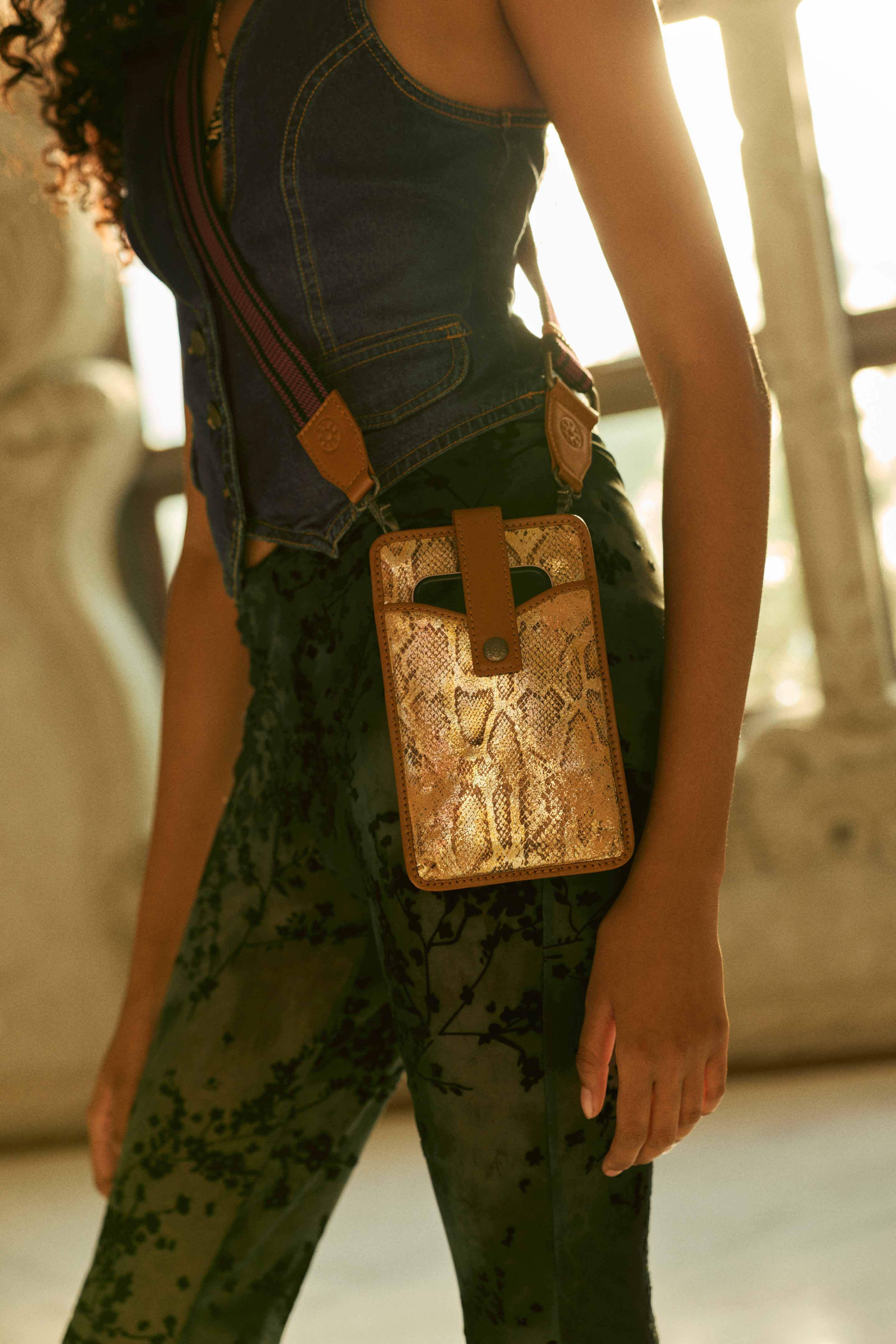 Myra Cedar Snake Print Leather Cell Phone Holder in Toffee Patch - Myra USA