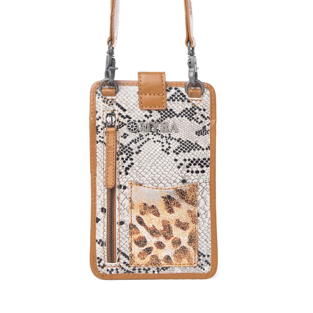 Myra Cedar Snake Print Leather Cell Phone Holder in Ebony Cream - Myra USA